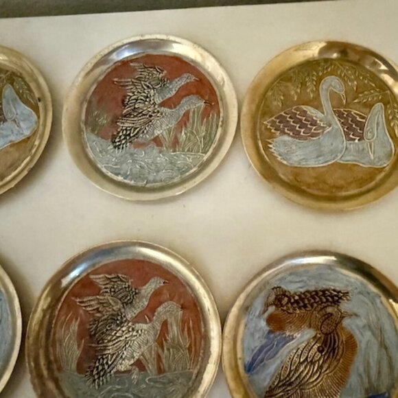 Vintage Metal coasters Birds Flowers Cloisonné Enameled Brass - Picture 4 of 6